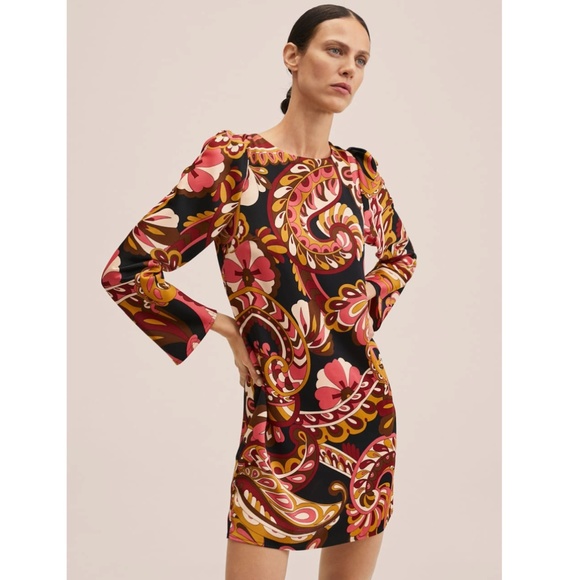 Mango Printed Paisley Abstract Dress Balloon Sleeves Size 4 - Picture 1 of 6